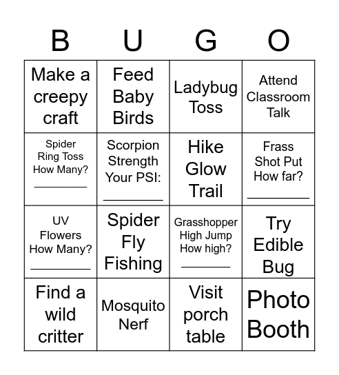 2022 Creepy Crawly Critter Night Bingo Card