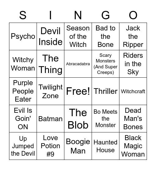 Halloween Singo Bingo Card