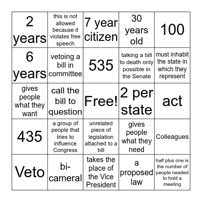 Congress Bingo Card