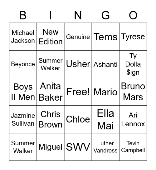 R&B Bingo @ The Vault Bingo Card