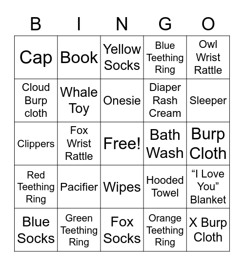 Baby Item Bingo — Jessie & John Bingo Card