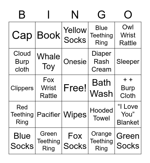 Baby Item Bingo — Jessie & John Bingo Card