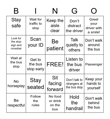 Bus Safety Bingo Card