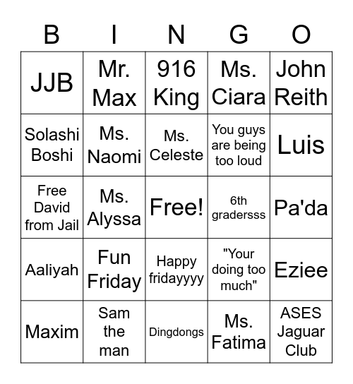 Ms. Celeste FUN FRIDAY Bingo Card