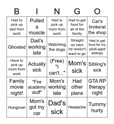 Byrd's Excuses Bingo Card
