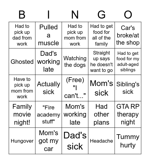 Byrd's Excuses Bingo Card