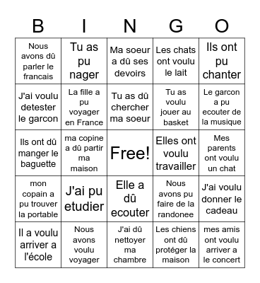 Avoir irregular verbs Bingo Card