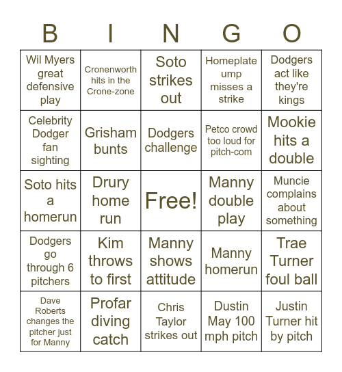 Padres/Dodgers Game 3 Bingo Card