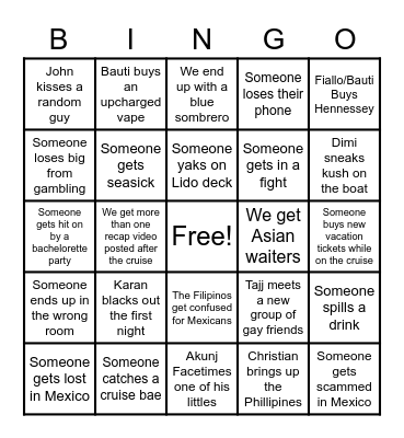 Cruise Bingo with the boyz Bingo Card