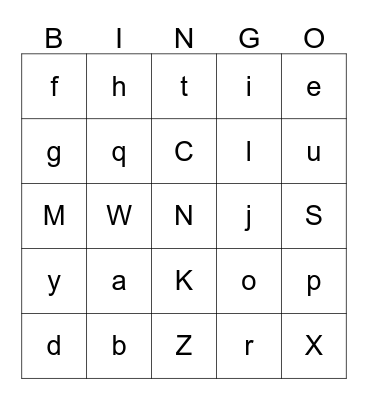 Uppercase and Lowercase Letters Bingo Card