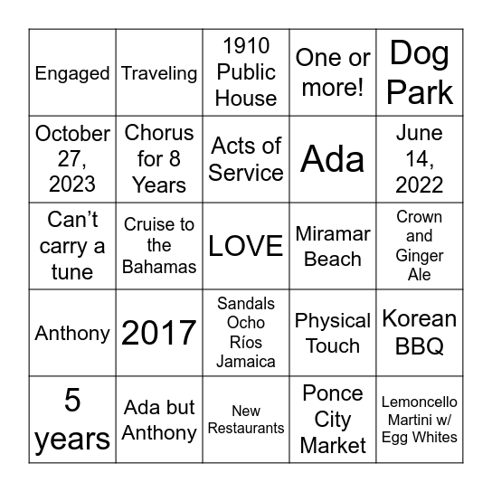 Ada & Anthony Bingo Card