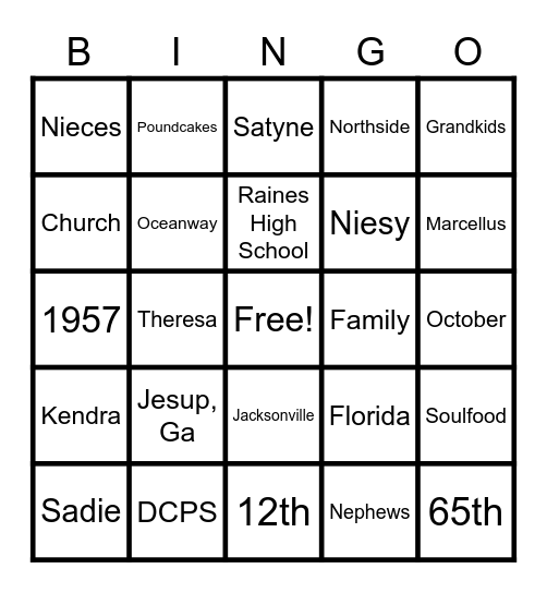 Sadie 65th Birthday Party Bingo Card