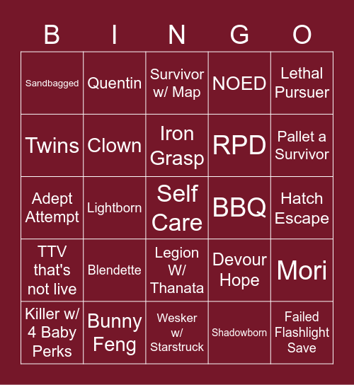 Dead by Daylight Bingo Card