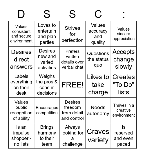 DiSC Bingo Card