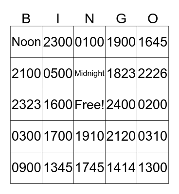 Military Time Bingo Card