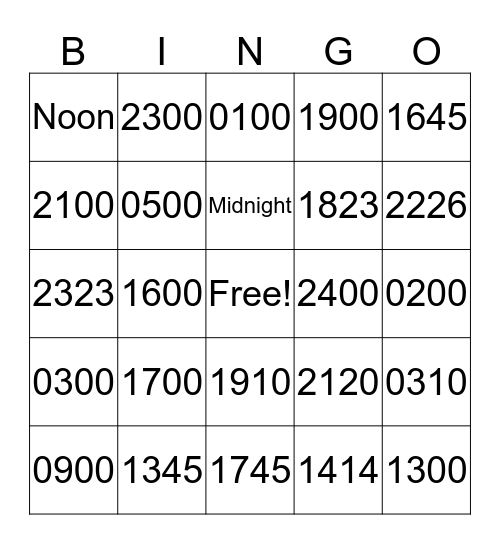 Military Time Bingo Card