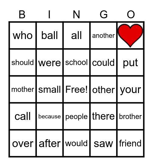 Year 2 Heart Words Bingo Card