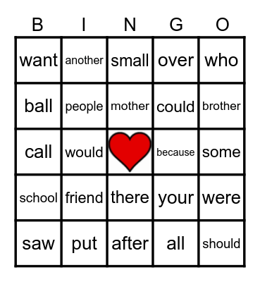 Heart Words - 2 Bingo Card