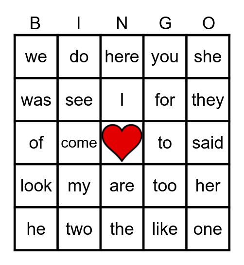 Heart Words Bingo 1 Bingo Card