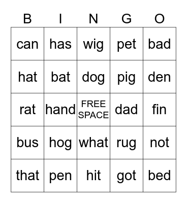 SHORT VOWEL BINGO Card
