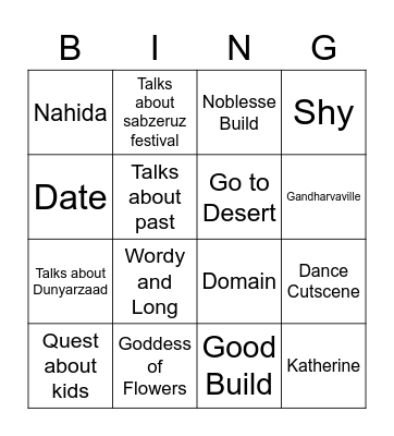 Nilou Story Quest Bingo Card