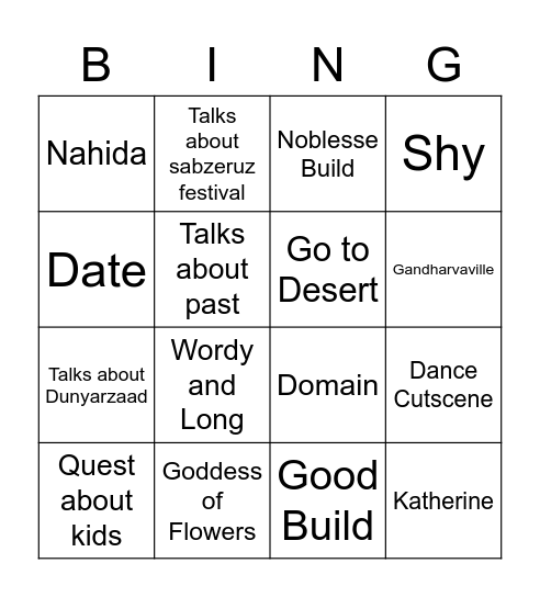 Nilou Story Quest Bingo Card