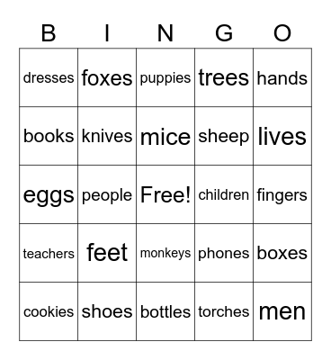 Plurals Bingo Card