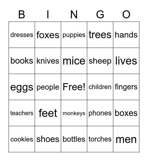 Plurals Bingo Card