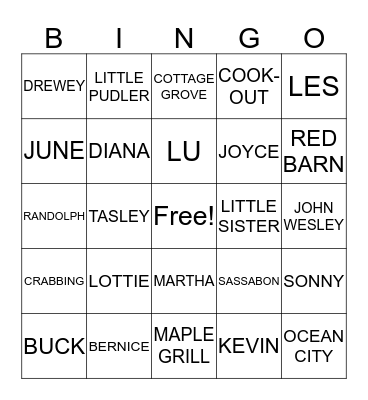 COLLINS FAMILY REUNION 2016 Bingo Card