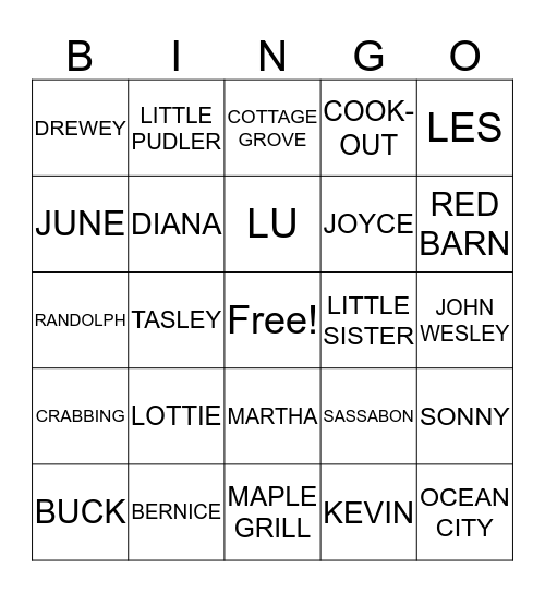 COLLINS FAMILY REUNION 2016 Bingo Card