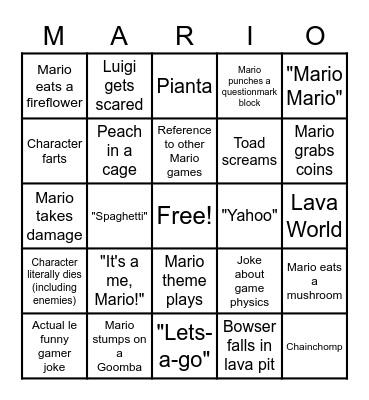 Super Mario Bros. Movie Bingo Card