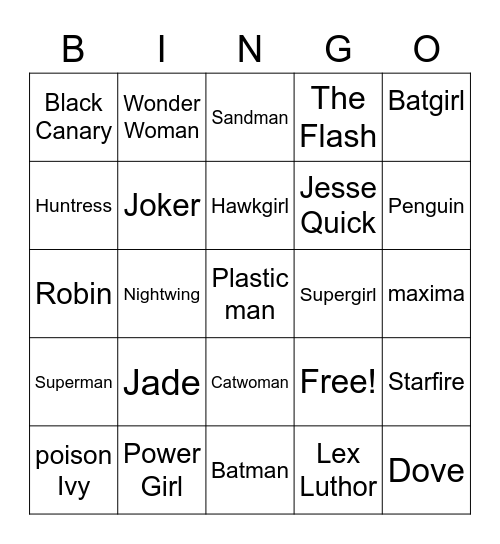 Super Hero Bingo Card