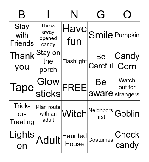 Halloween Safety  Bingo Card