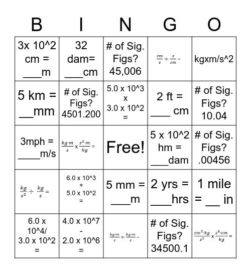 Unit Conversion and Exponent Math Bingo Card