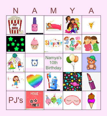 Namya's Slumber Party Bingo Card