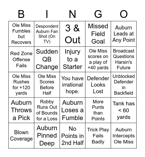 Auburn vs Ole Miss Bingo Card