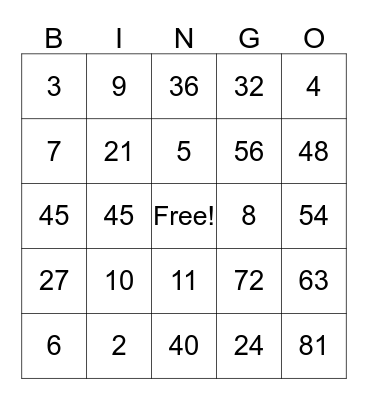 Division and Multiplication Facts Bingo Card