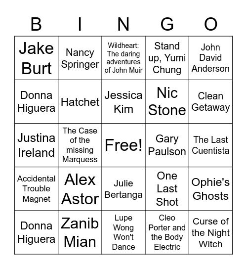 Grass Valley Book Bowl Bingo Card