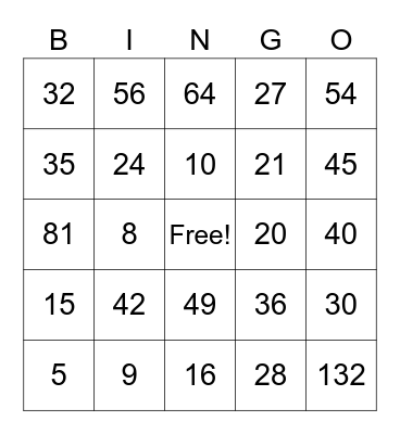Multiplication Bingo Card