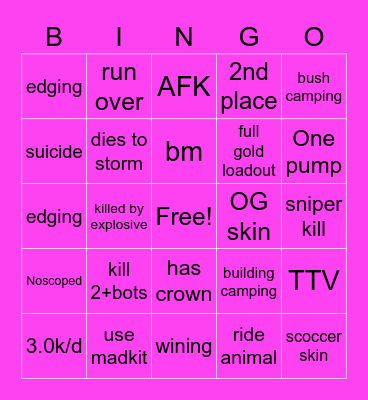 fornite Bingo Card