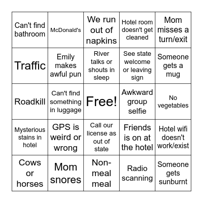 Road Trip Bingo Card