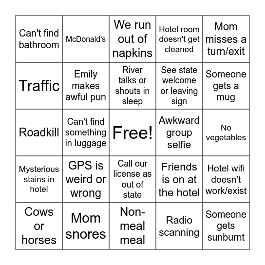 Road Trip Bingo Card