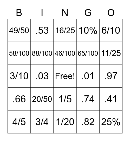 Percentage Bingo Card