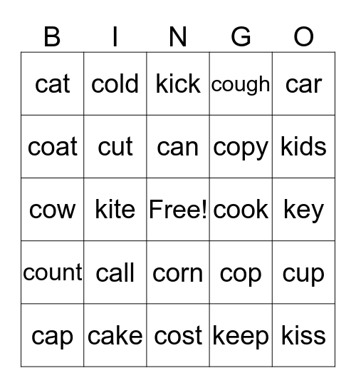 Aticulation Bingo - /k/ - 1 Syllable Bingo Card