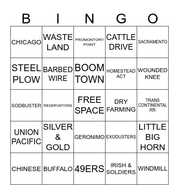 WESTWARD EXPANSION Bingo Card