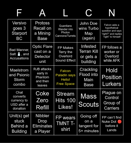 Falcon Paladin Sunday Stream Bingo Card