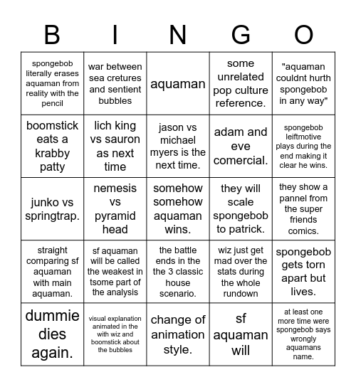 Spongebob vs aquaman Bingo Card