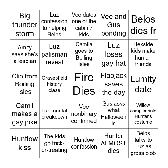 Fire and Ellikon's Thanks to Them Predicitons Bingo Card
