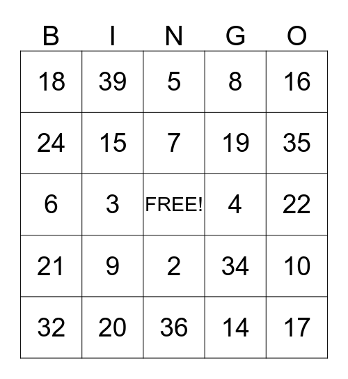 Multiplication Bing Bingo Card