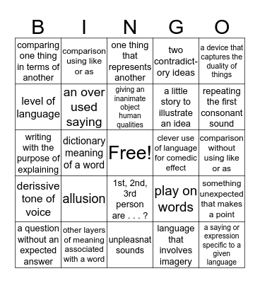Literary Devices Bingo Card
